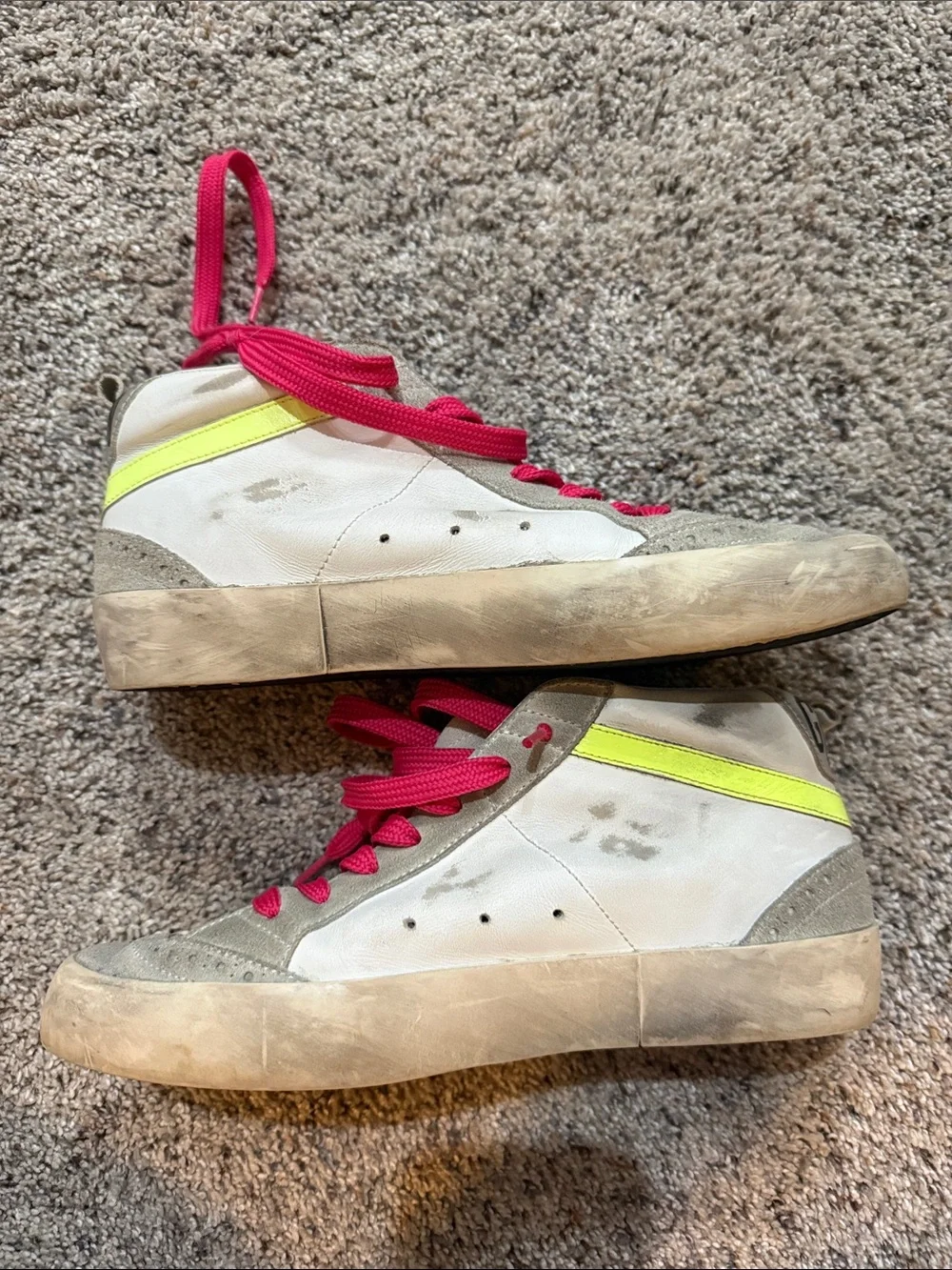 Golden Goose White Sneakers with Pink Laces and Neon Yellow Stripe